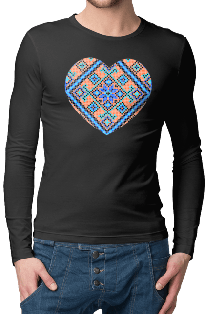 Men`s longsleeve with prints Heart embroidery. Cross stitch, embroidered shirt, embroidery, heart, i love ukraine, symbols of ukraine, traditions of ukraine, ukraine. 2070702