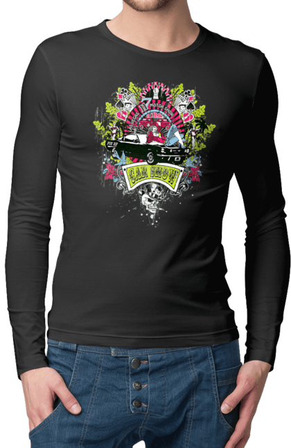 Чоловічий лонгслів з принтом "Автомобільне Шоу, Літо". Автомобіль, гроші, карти, пальма, шоу. 2070702