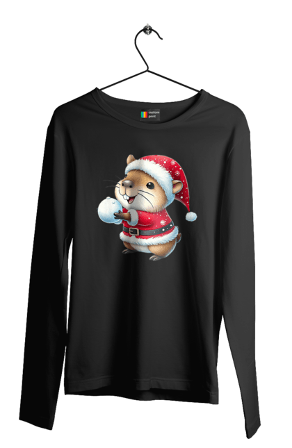 Men's longsleeve with prints Capybara playing snowballs. Animal, capybara, christmas, christmas capybara, game, gift, holiday, new year, santa, snowballs. 2070702