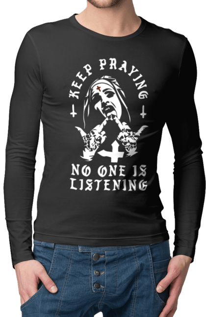 Чоловічий лонгслів з принтом "Монашка фак". Крута, метал, модна, молодіжна, ніхто не слухає, продовжуй молитися, рок, стильна, фак, черниця. 2070702