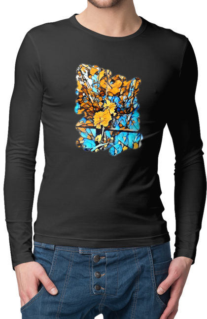 Чоловічий лонгслів з принтом "Жовті квіти на синьому фоні". Арт, жовтий та синій, жовті квіти, жовто-синій, квіти, малюнок, природа, синій та жовтий, синьо-жовтий. 2070702