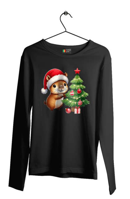 Men's longsleeve with prints Christmas Capybara with a Tree. Animal, capybara, christmas, christmas capybara, christmas tree, gift, holiday, new year, new year`s gift, santa. 2070702