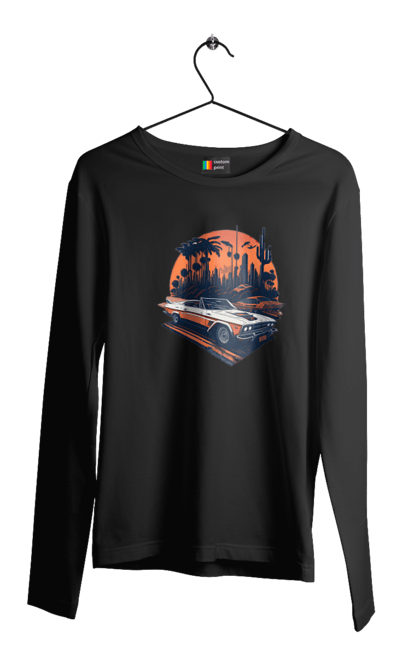 Чоловічий лонгслів з принтом "Гарне авто на закаті". Авто, закат, захід сонця, солнце, сонце. 2070702