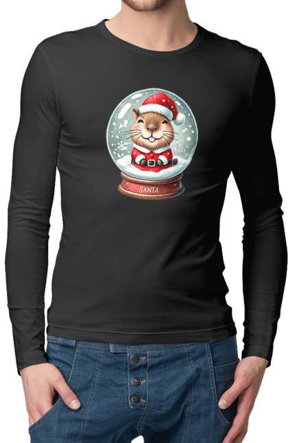 Men's longsleeve with prints Capybara in a snow globe. Animal, capybara, christmas, christmas capybara, gift, holiday, new year, new year`s gift, santa, snow globe. 2070702