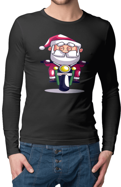 Чоловічий лонгслів з принтом "Щасливий Санта на мотоциклі". 2022, дід мороз, зима, мотоцикл, новий рік, різдво, санта, сніг. 2070702