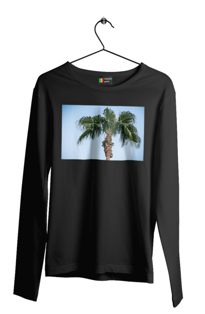 Чоловічий лонгслів з принтом "Пальма на тлі неба". Берег, блакитне, відпочинок, відпустку, єгипет, зелений, зелені, лист, листя, море, небо, оазис, океан, острів, пальма, південь, подорож, пригоди, тропіки, туреччина. 2070702