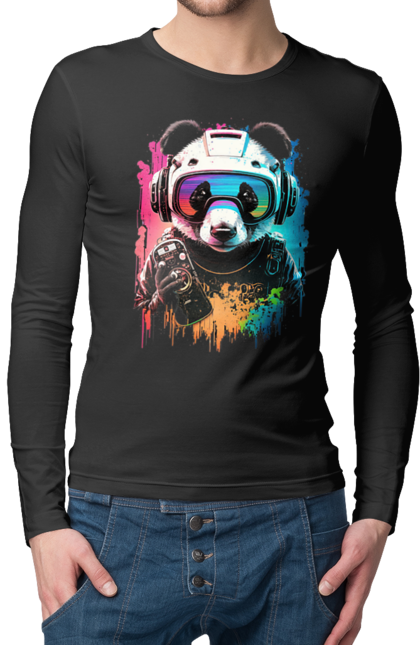Чоловічий лонгслів з принтом "Панда в VR шолом". Віртуальна реальність, гік, панда, персонаж, шолом. 2070702