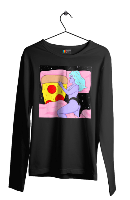 Чоловічий лонгслів з принтом "Фіолетова Дівчина І Піца". Дівчина, ліжко, піца. 2070702