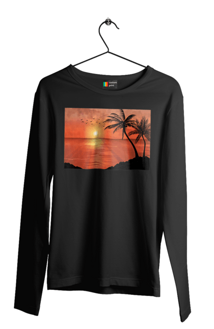 Чоловічий лонгслів з принтом "Захід Пальми Море". Берег, захід, море, пальми. 2070702