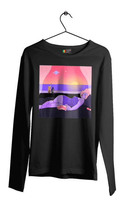 Чоловічий лонгслів з принтом "Фіолетова Дівчина На Відпочинку". Дівчина, захід, телефон. 2070702