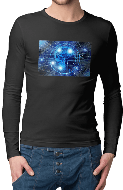 Чоловічий лонгслів з принтом "Штучний інтелект". Айті, айтішник, гік, знання, інженер, інтелект, кібер, кібернетика, кіборг, код, комп, комп`ютерник, кристал, машинне навчання, мікросхема, мозок, портрет, програміст, професіонал, професія, розробник, розум, хакер, чіп, штучний інтелект, штучний розум. 2070702