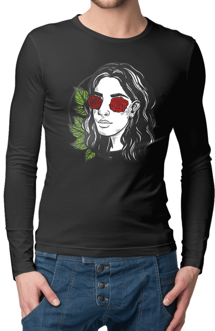 Чоловічий лонгслів з принтом "Дівчина З Трояндами На Очах". Дівчина, троянда. 2070702