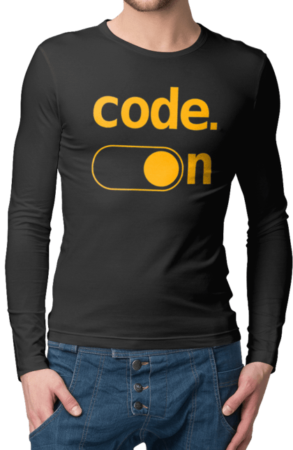 Чоловічий лонгслів з принтом "Код увімкнено". Айті, айтішник, для айтішника, для програміста, код увімкнено, подарунок айтішнику, подарунок програмісту, програміст, розробник. 2070702