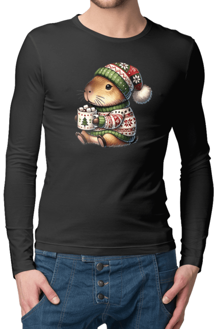 Men's longsleeve with prints Capybara with hot chocolate. Animal, capybara, christmas, christmas capybara, gift, holiday, hot chocolate, new year, santa. 2070702