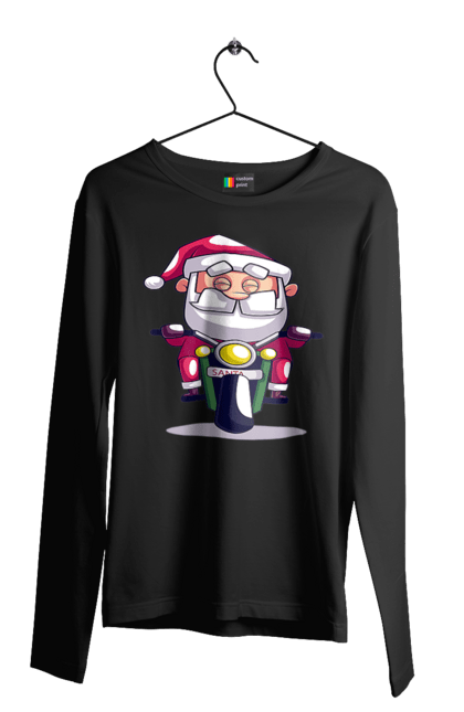 Чоловічий лонгслів з принтом "Щасливий Санта на мотоциклі". 2022, дід мороз, зима, мотоцикл, новий рік, різдво, санта, сніг. 2070702