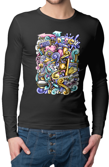 Чоловічий лонгслів з принтом "Школа навчання". Зошит, калькулятор, канцелярія, навчання, олівець, ручка, школа. 2070702