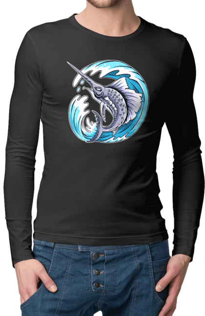 Men`s longsleeve with prints Fish Sword And Wave. Swordfish, wave. 2070702