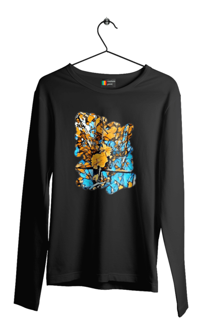 Чоловічий лонгслів з принтом "Жовті квіти на синьому фоні". Арт, жовтий та синій, жовті квіти, жовто-синій, квіти, малюнок, природа, синій та жовтий, синьо-жовтий. 2070702