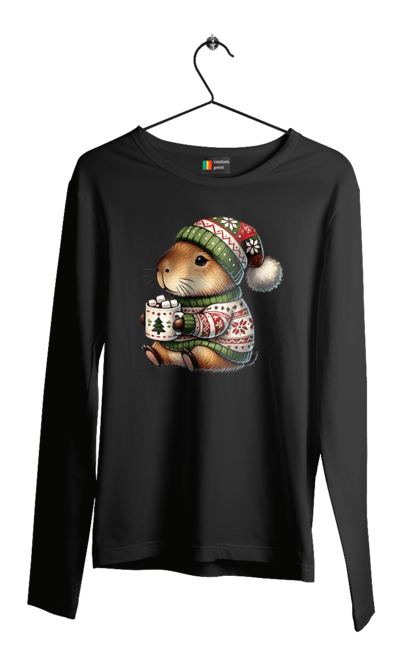 Men's longsleeve with prints Capybara with hot chocolate. Animal, capybara, christmas, christmas capybara, gift, holiday, hot chocolate, new year, santa. 2070702