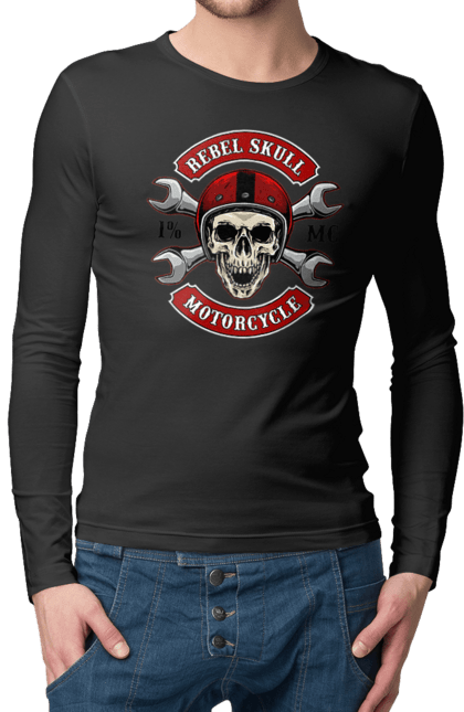 Чоловічий лонгслів з принтом "череп мотолюбитель". Любитель, мотоцикл, череп, шолом. 2070702