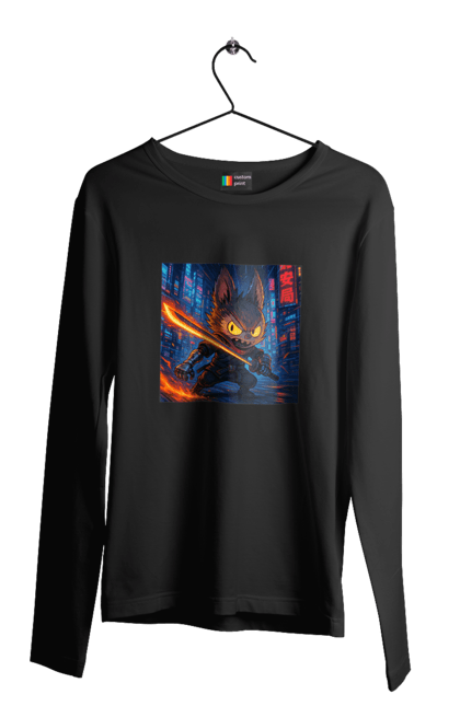 Чоловічий лонгслів з принтом "Лабубу". Аніместиль, дія, катана, кіберніндзя, кіберпанк, лабубу, меч, неонове місто, очі` що світяться. 2070702