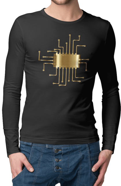 Чоловічий лонгслів з принтом "Золотий Чіп". Айті, айтішник, гик, золотий, золото, інженер, кібернетика, код, комп, комп’ютерник, кристал, мікросхема, програміст, професія, розробник, чіп. 2070702