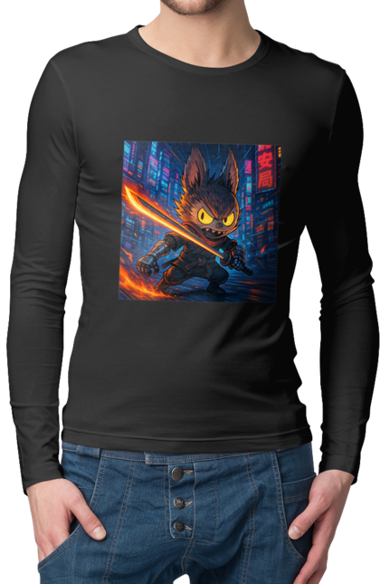 Чоловічий лонгслів з принтом "Лабубу". Аніместиль, дія, катана, кіберніндзя, кіберпанк, лабубу, меч, неонове місто, очі` що світяться. 2070702