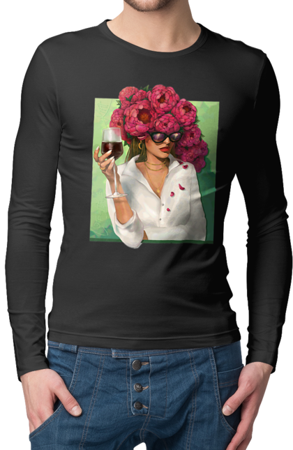 Чоловічий лонгслів з принтом "Дівчина з півоніями та келихом". Вино, дівчина, квітка, келих, літо, окуляри, півонії, сорочка. 2070702