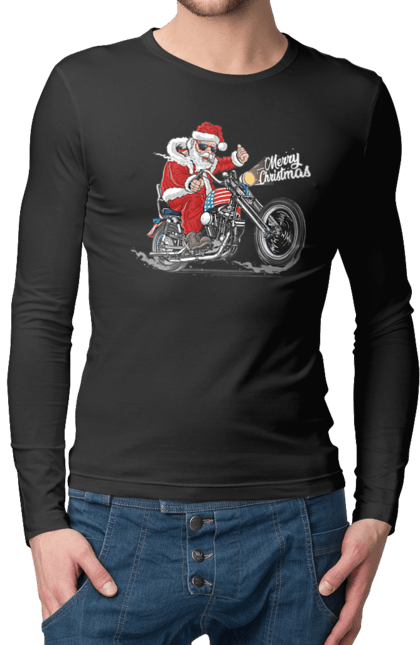 Чоловічій лонгслів з принтом "Санта в окулярах на мотоциклі". Байкер, дід мороз, зима, мотоцикл, новий рік, різдво, санта, санта клаус, сніг, щасливого різдва. futbolka.stylus.ua