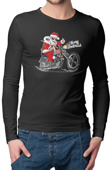 Santa in glasses on a motorcycle