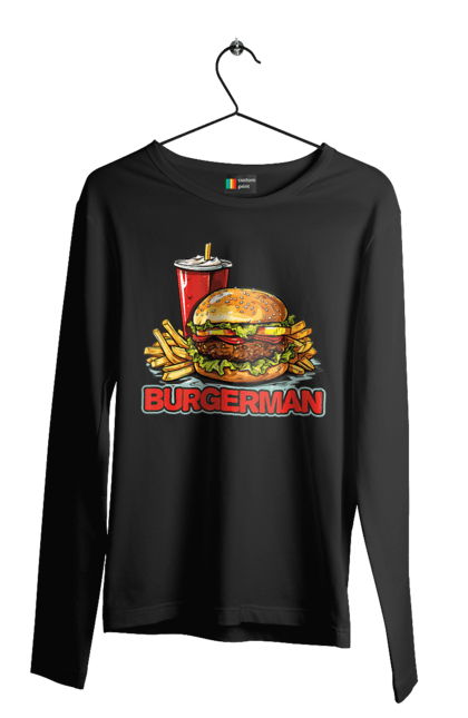 Чоловічий лонгслів з принтом "Burgerman". Бургер, для чоловіків, їжа, літні, макдональдс, прикольні, трендові, фаст фуд, чоловічі. 2070702