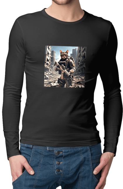 Чоловічий лонгслів з принтом "Кіт десантник". Бронежилет, війна, військовий, гвинтівка, захисник, камуфляж, кіт, рушниця. 2070702