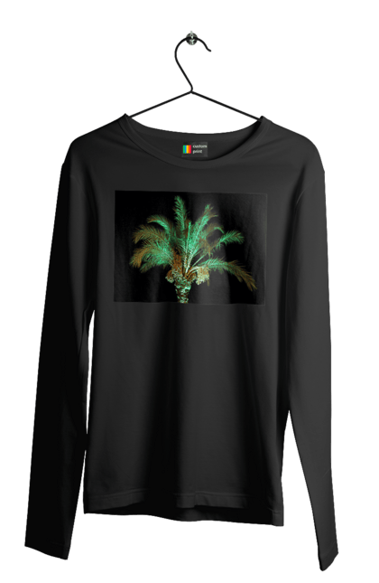 Чоловічий лонгслів з принтом "Фінікова Пальма Вночі". Берег, відпочинок, відпустка, зелений, море, ніч, оазис, океан, острів, пальма, південь, подорож, пригоди, тропіки, фінікова, чорне. 2070702