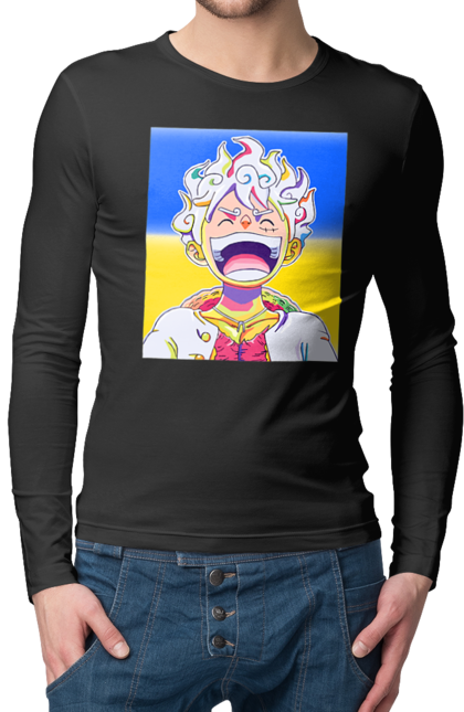 Чоловічий лонгслів з принтом "Монкі д Луффі сміється на жовто блактному фоні". Ван піс, луффі, монкі д. луффі, прапор україни, символ україни, україна. 2070702