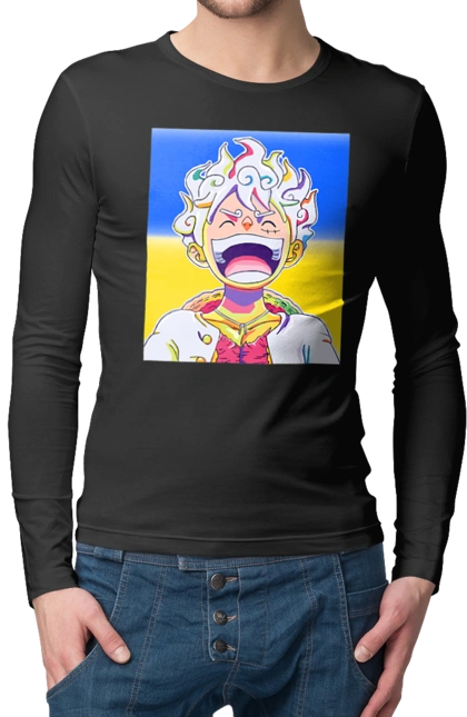 Monkey D Luffy laughing on a yellow blue background