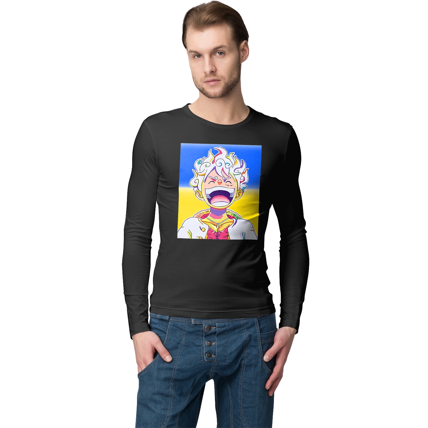 Monkey D Luffy laughing on a yellow blue background