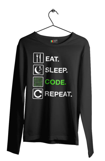 Чоловічий лонгслів з принтом "Їж Cпи Кодуй Повторюй". Айті, айтішник, для айтішника, для програміста, їж спи, кодуй повторюй, подарунок айтішнику, подарунок програмісту, програміст, розробник. 2070702