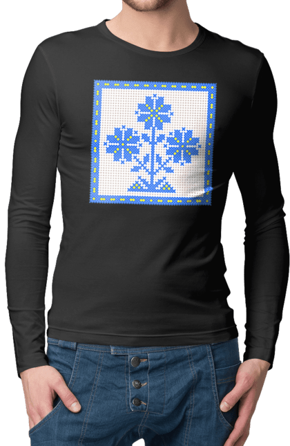 Чоловічий лонгслів з принтом "Жовто блакитна вишивка квіти". Вишивка, вишивка хрестиком, квіти, символ україни, традиції україни, україна. 2070702