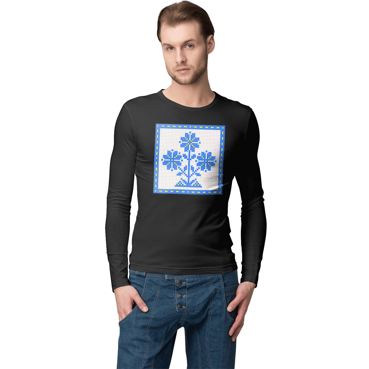 Жовто блакитна вишивка квіти