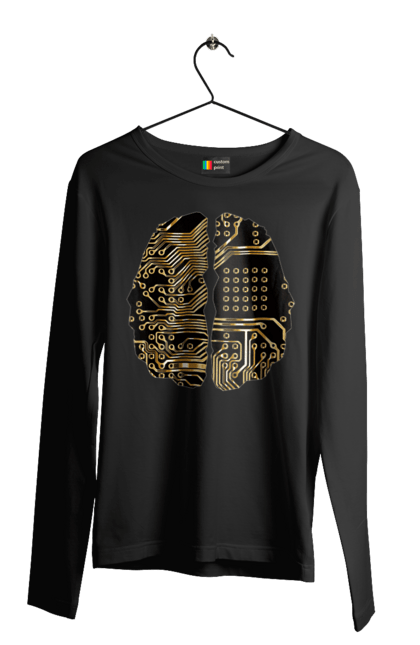 Чоловічий лонгслів з принтом "Мозок Айті". Айті, айтішник, гик, знання, золотий, золото, інженер, кібер, кібернетика, кіборг, код, комп, кристал, мікросхема, мозок, програміст, професіонал, професія, розробник, розум, чіп. 2070702