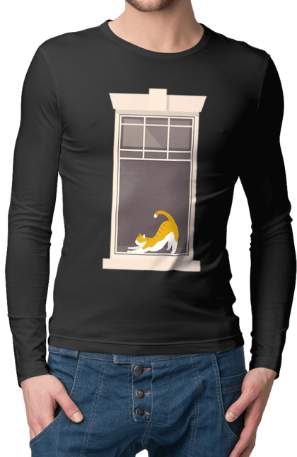 Чоловічий лонгслів з принтом "Кіт В Вікні". Вікно, кіт, потягушки, рудий. 2070702