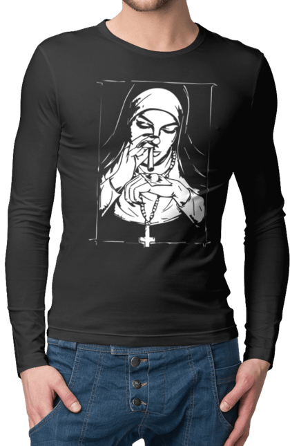Чоловічий лонгслів з принтом "Монашка нюхає порошок". Крута, метал, модна, молодіжна, популярна, рок, хрест, черниця, черниця нюхає порошок. 2070702