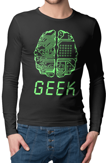 Чоловічий лонгслів з принтом "Гик Мозок Неоновий". Айті, айтішник, гик, друкована плата, зелений, знання, інженер, кібер, кібернетика, кіборг, код, комп, комп’ютерник, кристал, мікросхема, мозок, неон, неоновий, програміст, професіонал, професія, розробник, розум, світиться, світло, чіп. 2070702