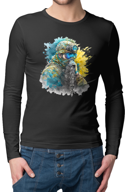 Чоловічий лонгслів з принтом "Снайпер ЗСУ". Армія, зсу, прапор україни, символи україни, снайпер, солдат, україна. 2070702