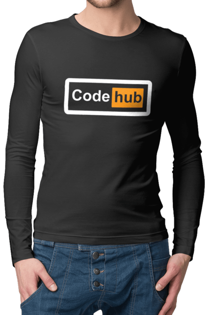 Чоловічий лонгслів з принтом "Код хаб". Айті, айтішник, для айтішника, для програміста, код хаб, подарунок айтішнику, подарунок програмісту, програміст, розробник. 2070702
