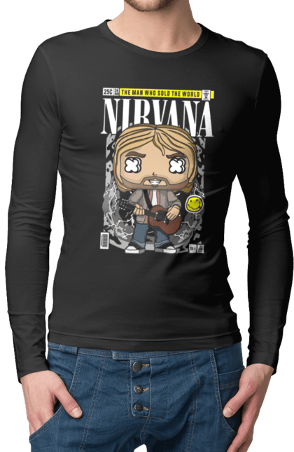 Чоловічій лонгслів з принтом "Nirvana Kurt Cobain". Кобейн, курт, курт кобейн, музика, нірвана, рок. Funkotee