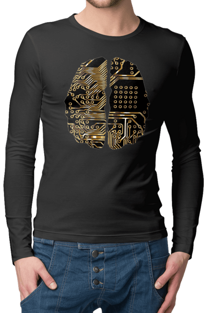 Чоловічий лонгслів з принтом "Мозок Айті". Айті, айтішник, гик, знання, золотий, золото, інженер, кібер, кібернетика, кіборг, код, комп, кристал, мікросхема, мозок, програміст, професіонал, професія, розробник, розум, чіп. 2070702
