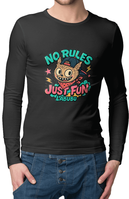 Чоловічий лонгслів з принтом "Лабубу". Norulesjustfun, y2k, бандана, вуличний стиль, грайливий, графіті, зухвалий, лабубу, ретромультяшка, яскраво. 2070702