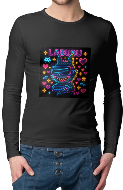 Чоловічий лонгслів з принтом "Лабубу". Vrочки, геймеркультура, геймпад, іконкиаркади, кіберарт, лабубу, неонгеймінг, піксельарт, ретроаркада, світиться. 2070702