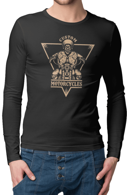 Чоловічий лонгслів з принтом "Скелет на мотоциклі". Драйв, мотоцикл, скелет. 2070702
